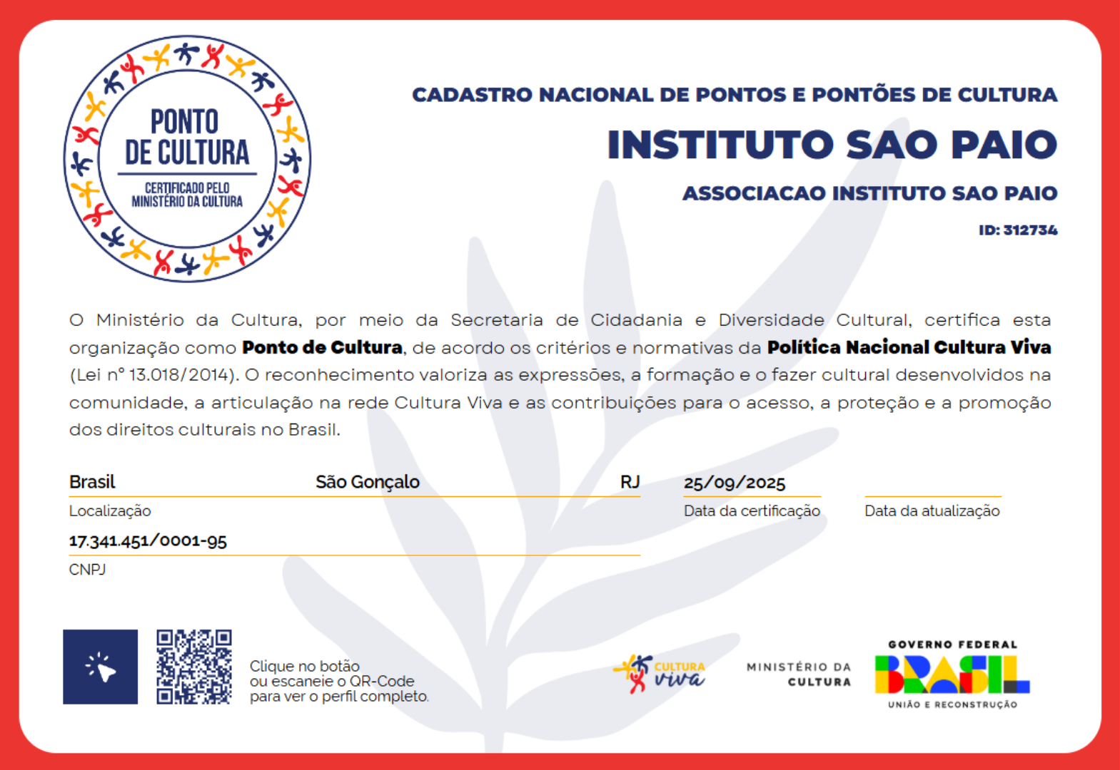 Certificado de Ponto de Cultura do Instituto São Paio, emitido pelo Ministério da Cultura